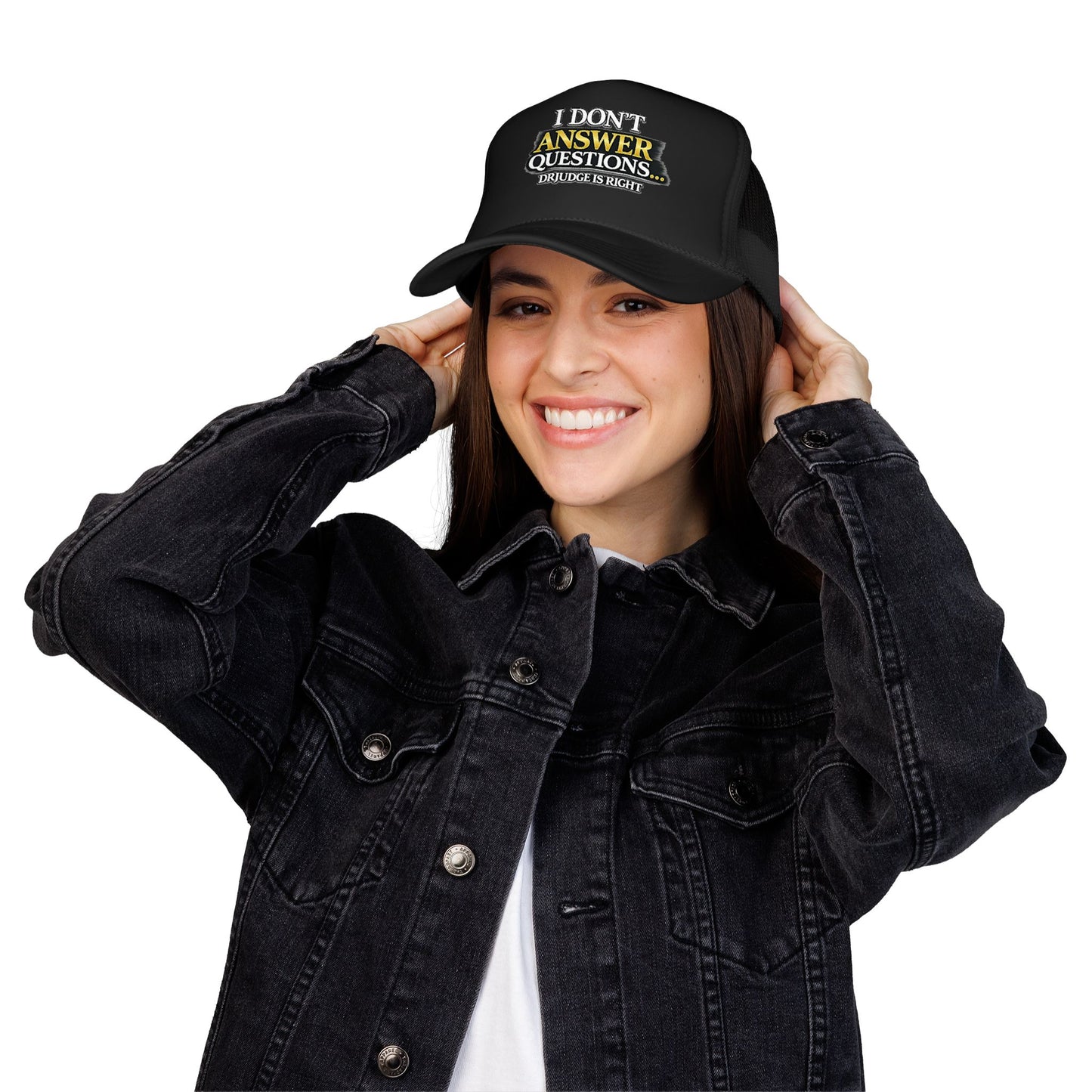 Trucker Hat — "I Don't Answer Questions... Drudge Is Right" Bold Mesh Cap