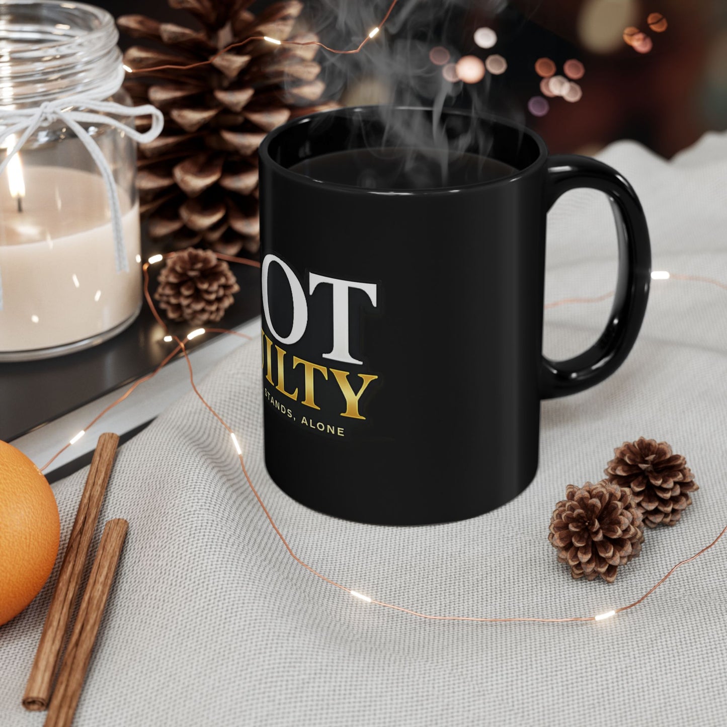 Not Guilty Coffee Mug – "Truth Stands Alone" Black Ceramic Mug
